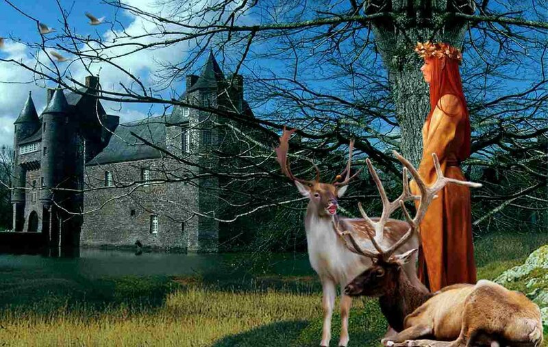 Woman with Deer in Forest — Blue