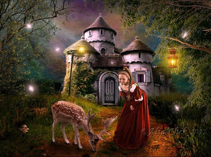 Woman with Deer in Forest — Green, Magical