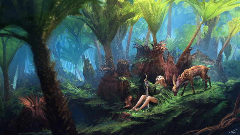 Woman with Deer in Forest — Green, Serene, Afternoon, Digital Art