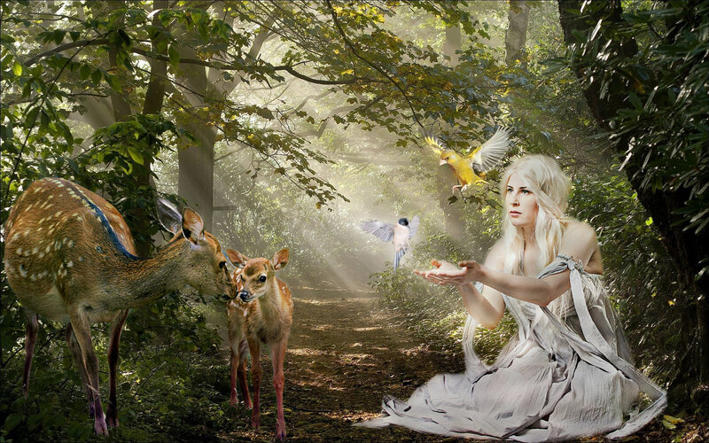 Woman with Deer in Forest — Green, Serene, Morning, Digital Art