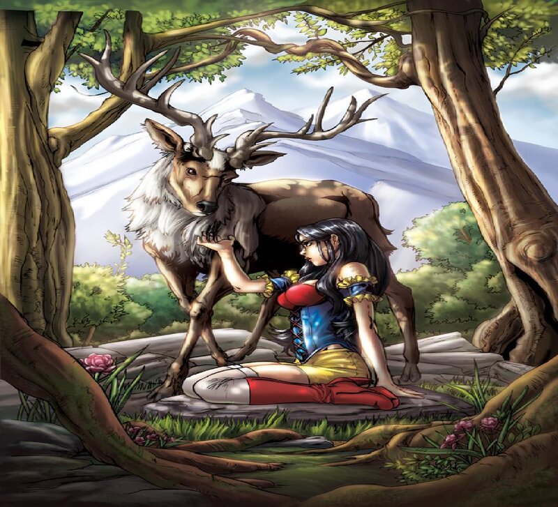 Woman with Deer in Forest — Green, Serene