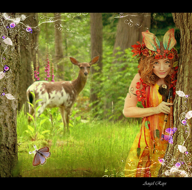 Woman with Deer in Forest — Green