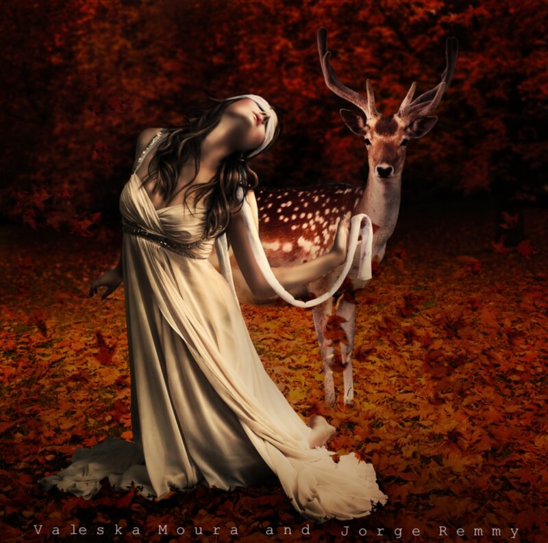 Woman with Deer in Forest — Orange, Dramatic