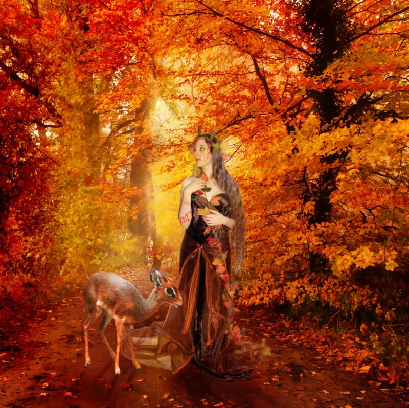 Woman with Deer in Forest — Orange, Serene