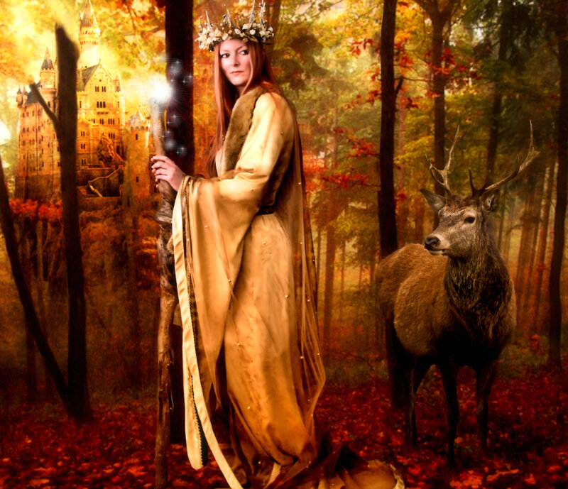 Woman with Deer in Forest — Orange