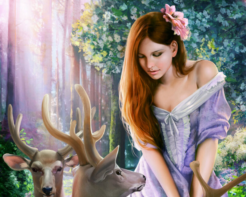 Woman with Deer in Forest — Purple, Serene, Morning
