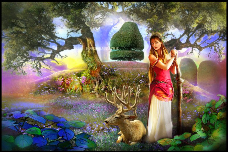 Woman with Deer in Forest — Purple