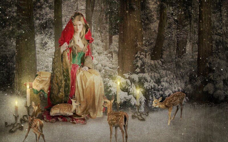 Woman with Deer in Forest — Red