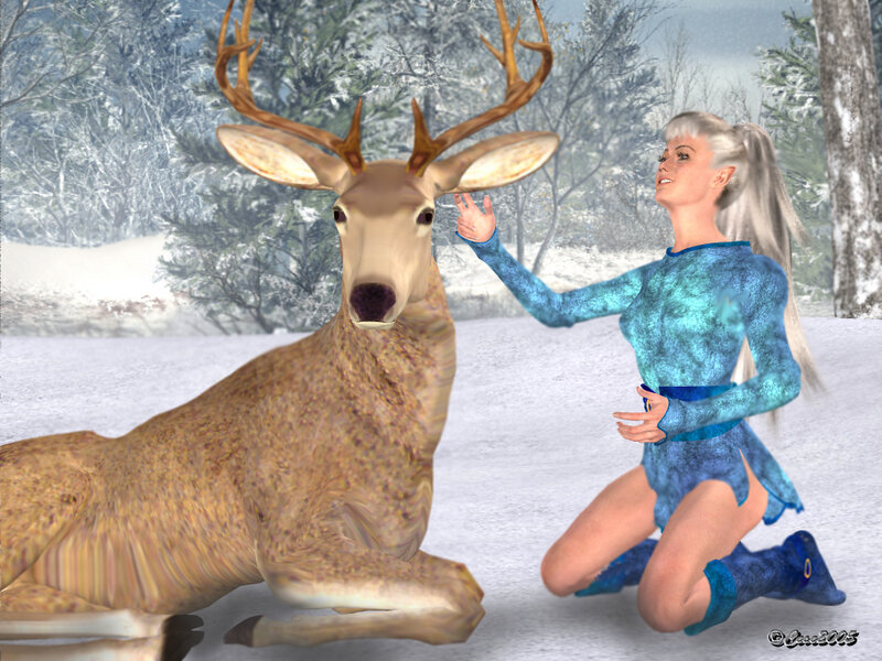 Woman with Deer in Snow — Blue