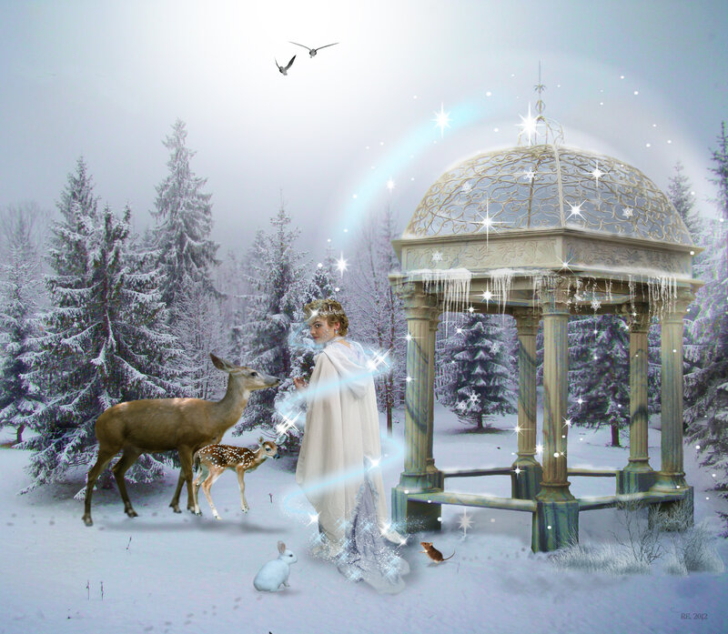 Woman with Deer in Snow — White, Magical