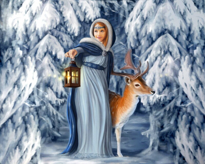 Woman with Deer in Snow — White, Serene