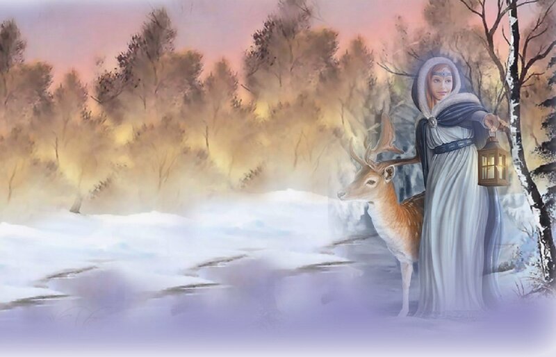 Woman with Deer in Snow — White, Serene, Winter, Digital Art