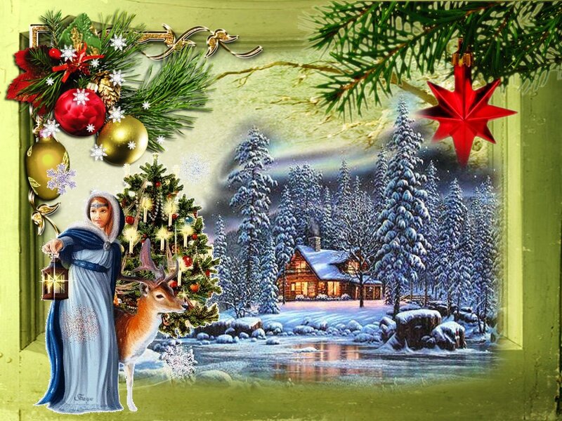 Woman with Deer in Winter — Green