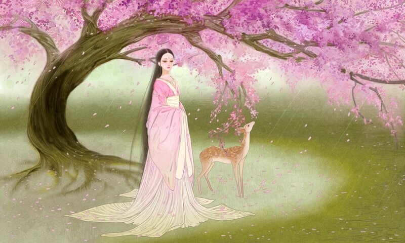 Woman with Deer under Tree