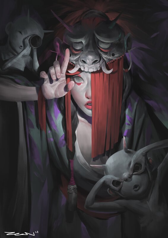 Woman with Demon Mask — Purple