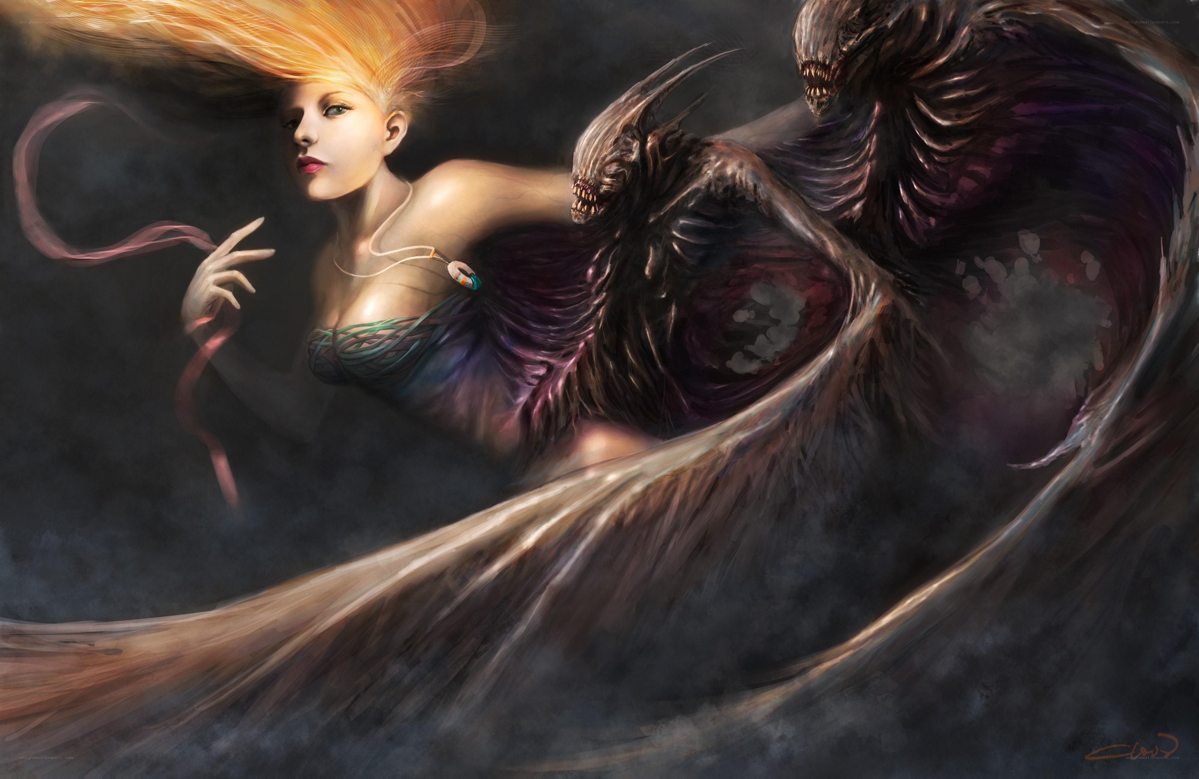 woman with demonic creature