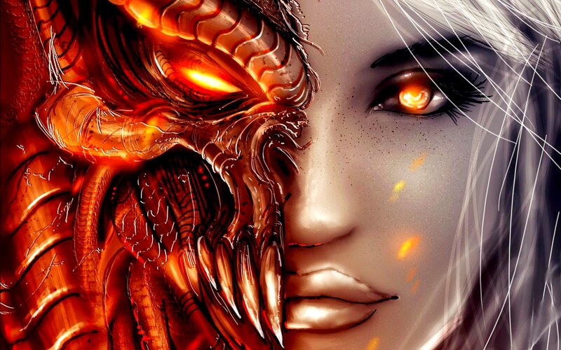Woman with Demonic Face — Red