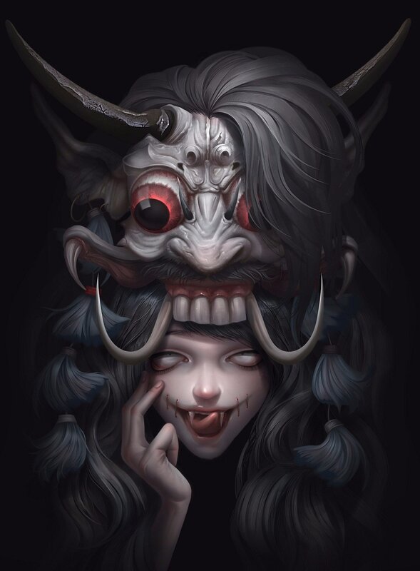 Woman with Demonic Mask