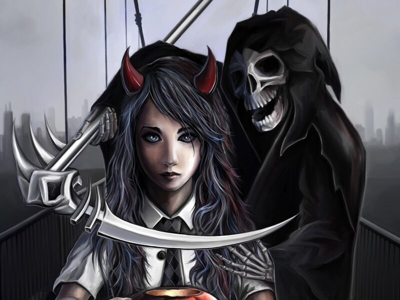 Woman with Devil Horns — Black, Dramatic, Digital Art