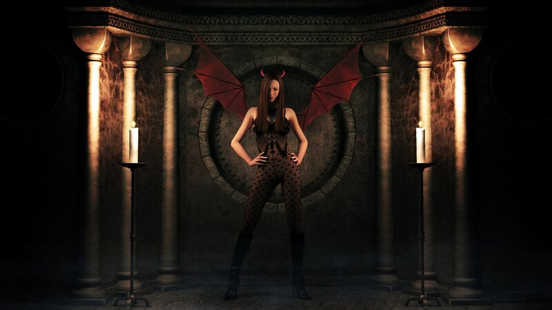 woman with devil wings in dungeon