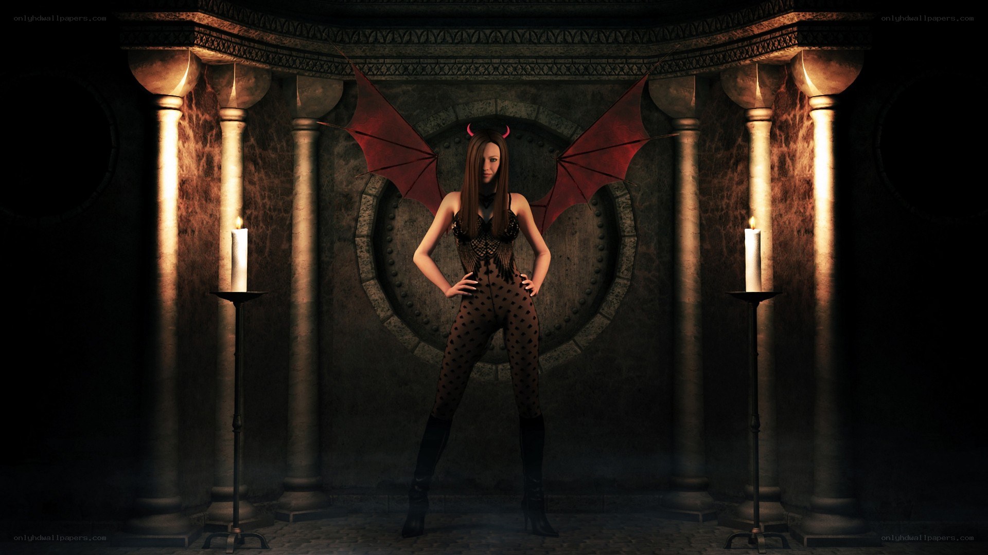 woman with devil wings in dungeon