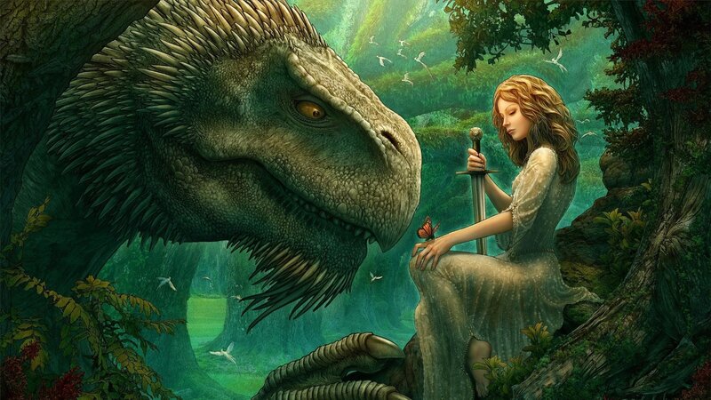 woman with dinosaur in forest