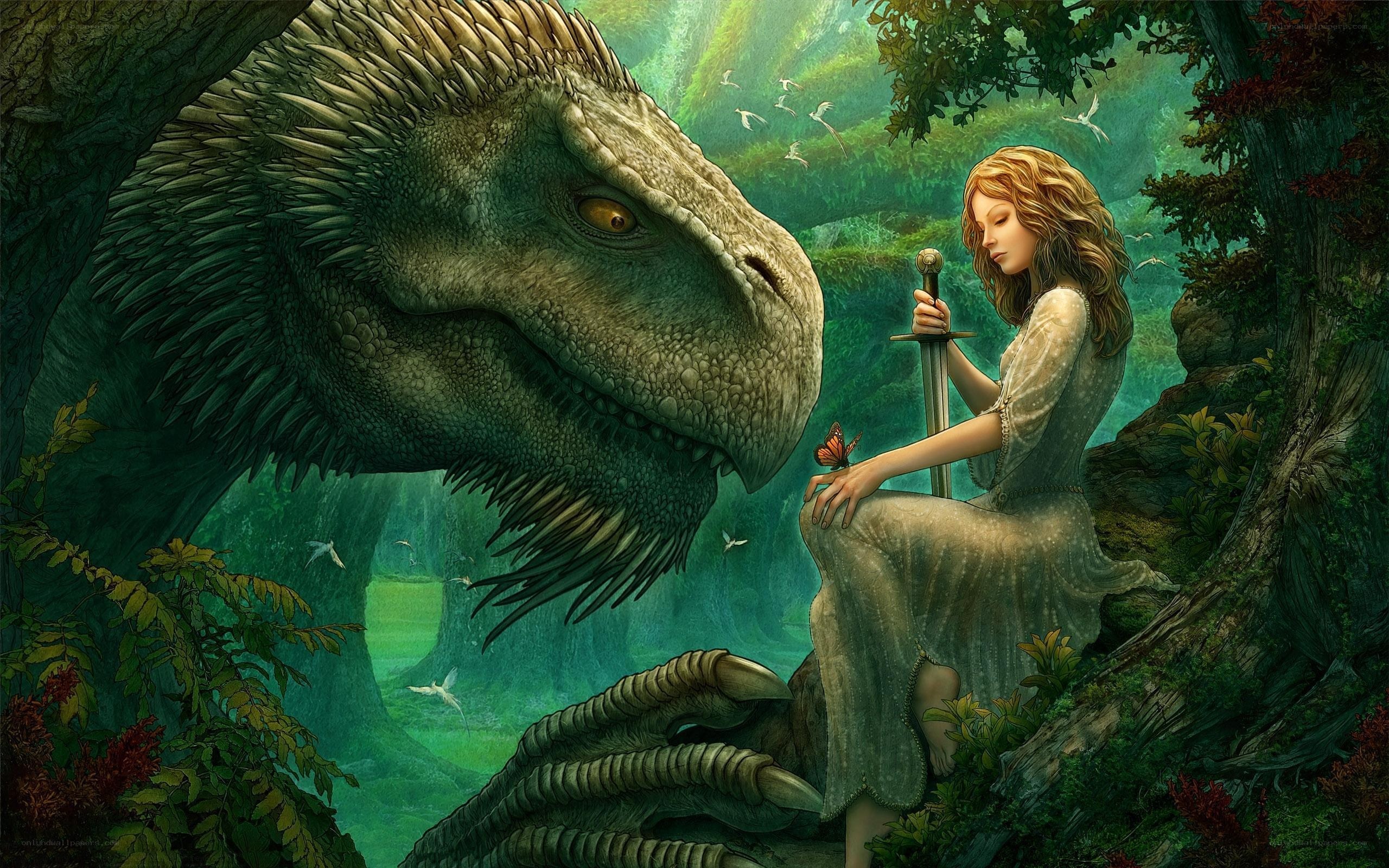 Woman with dinosaur in forest