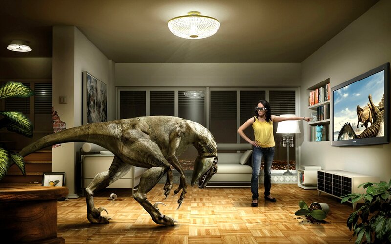 Woman with Dinosaur in Living Room — Brown, Dramatic