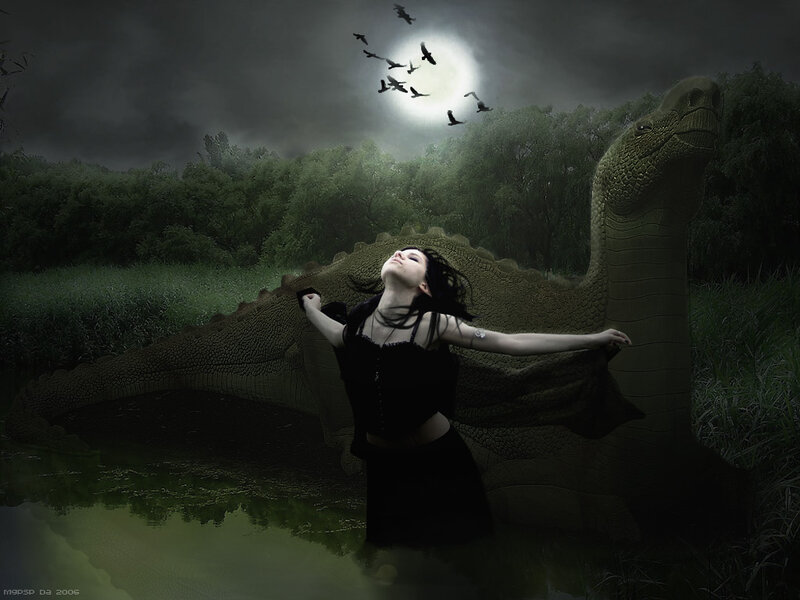 Woman with Dinosaur Statue