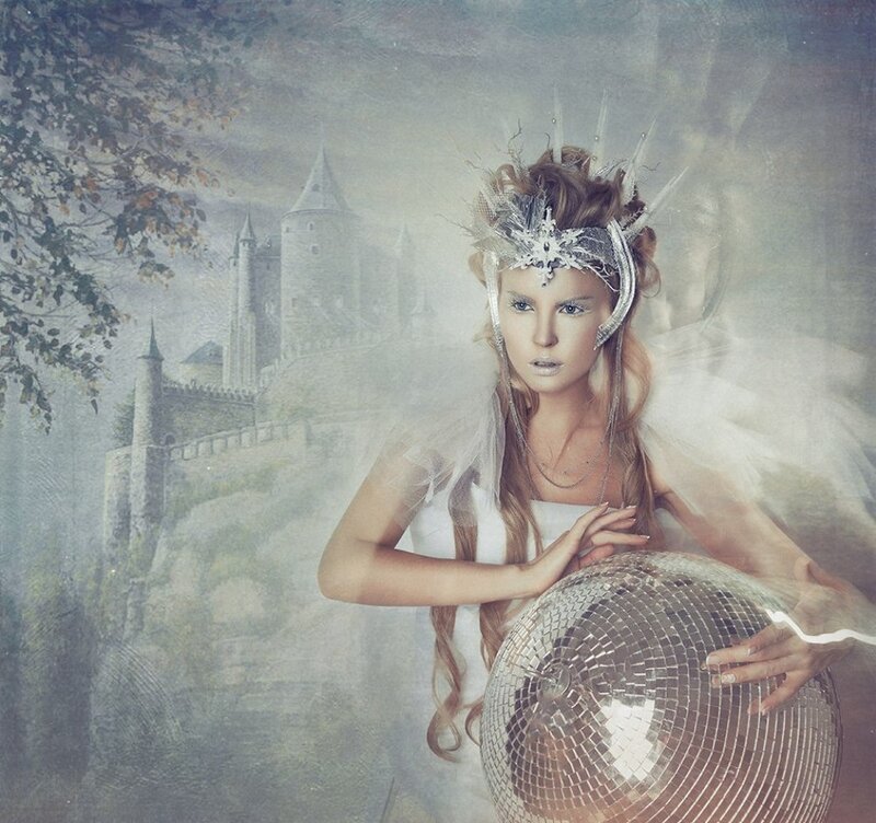 Woman with Disco Ball — White, Ethereal