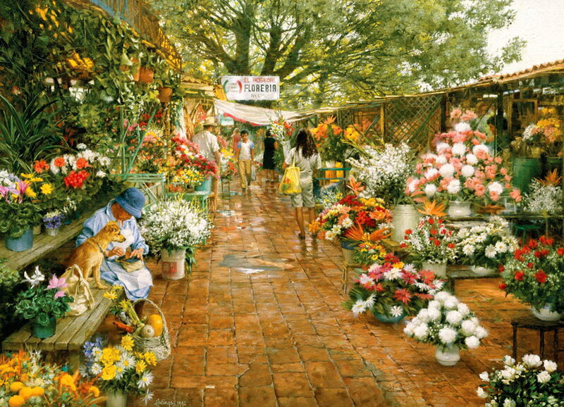 Woman with Dog at Flower Stall