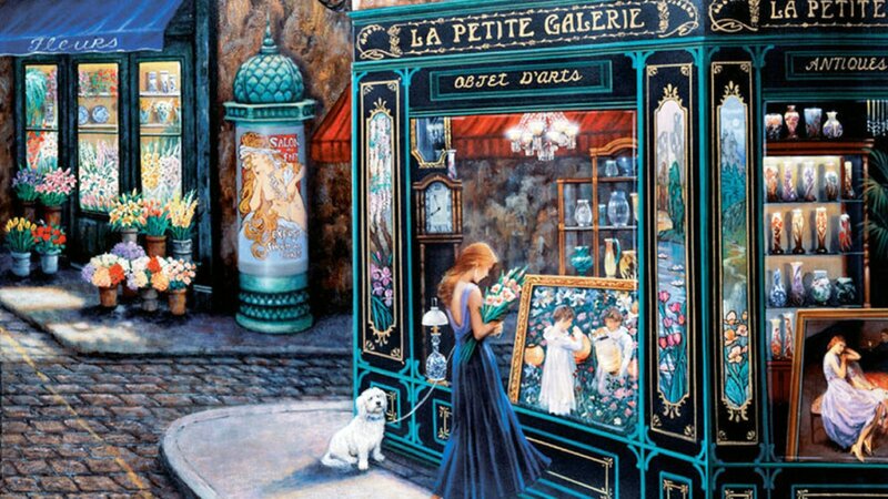 Woman with Dog at Shop — Blue
