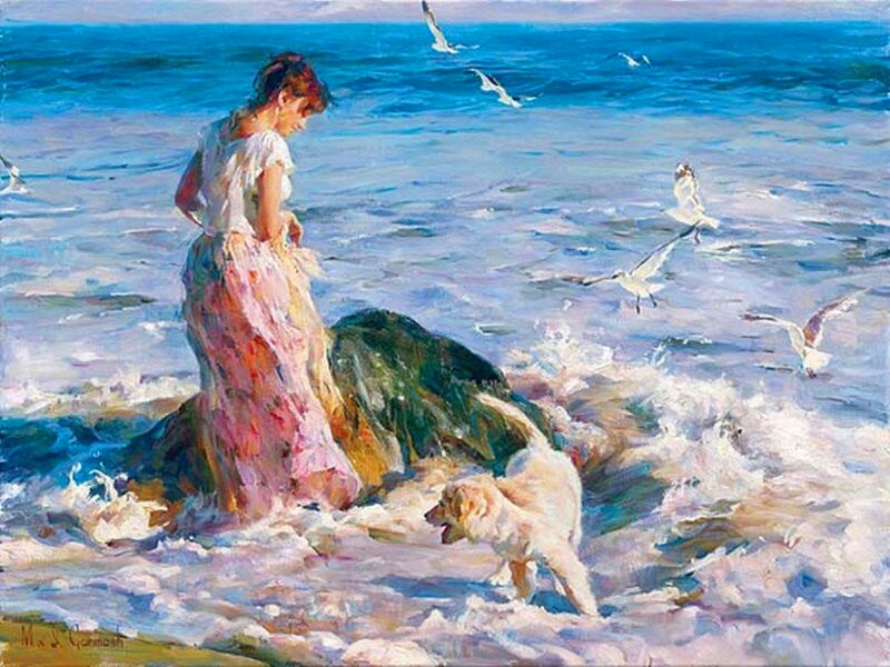 Woman with Dog at Shore