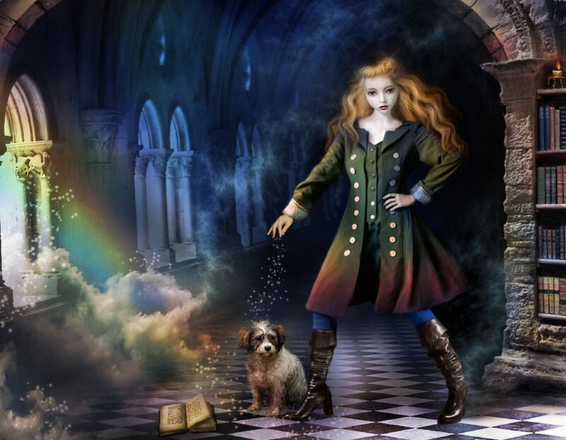 Woman with Dog in Castle