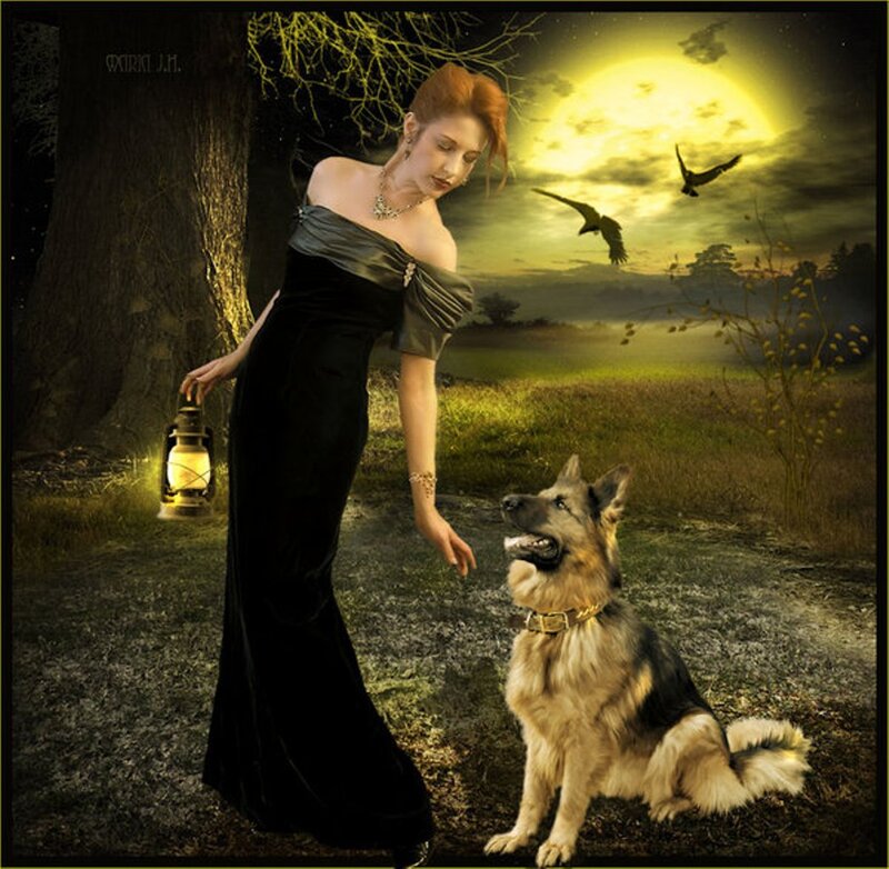 Woman with Dog in Forest — Black