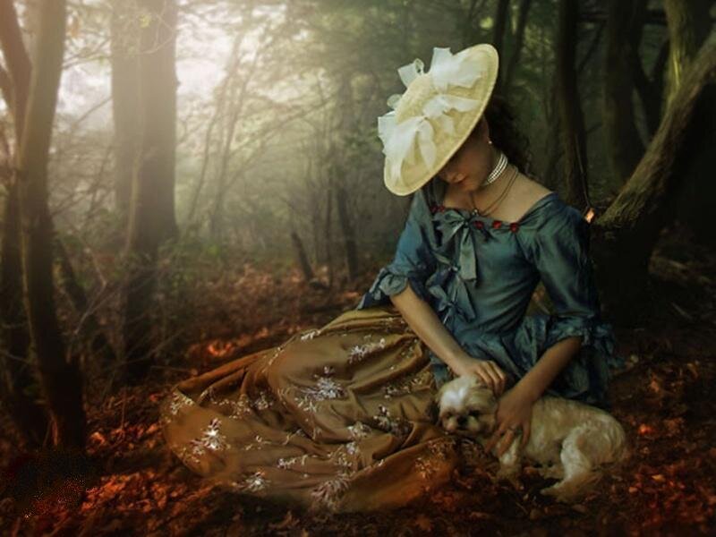 Woman with Dog in Forest — Green