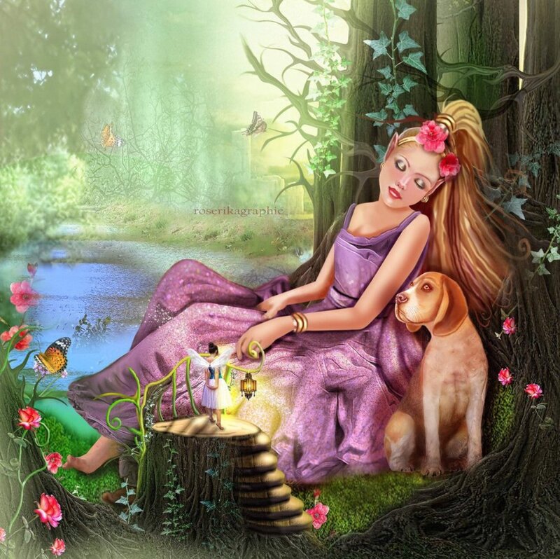 Woman with Dog in Forest — Purple