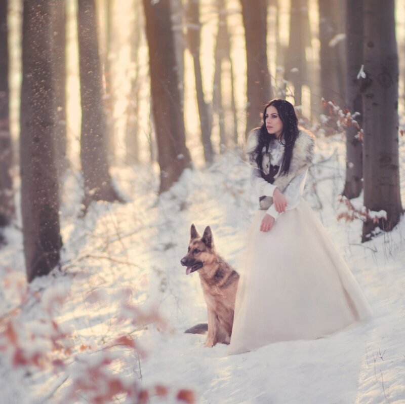 Woman with Dog in Forest — White