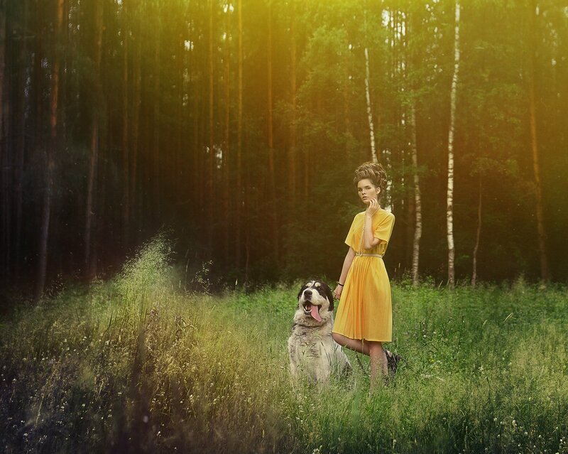 Woman with Dog in Forest — Yellow