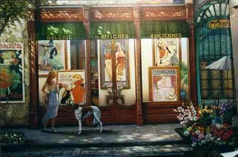 Woman with Dog in Front of Shop