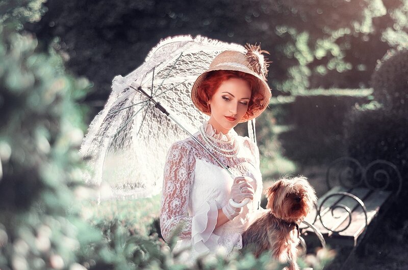 Woman with Dog in Garden — White