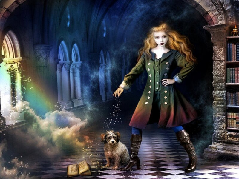 Woman with Dog in Library
