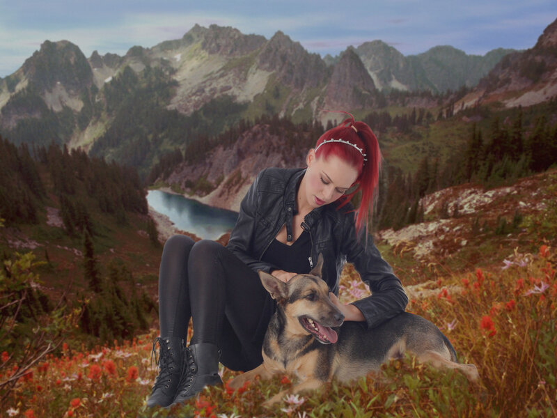 Woman with Dog in Mountains