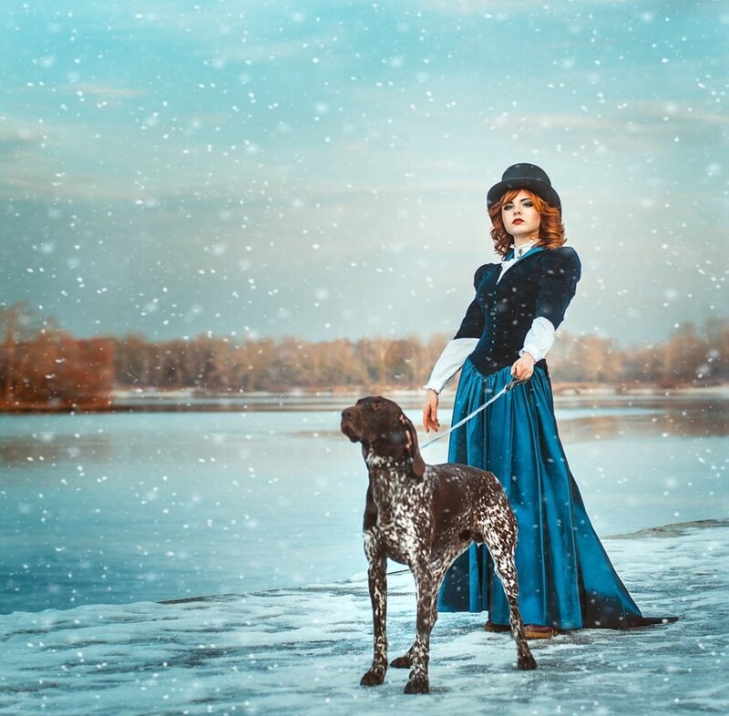 Woman with Dog in Snow — Blue, Cold