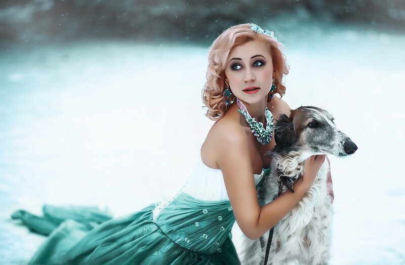 Woman with Dog in Snow — Green