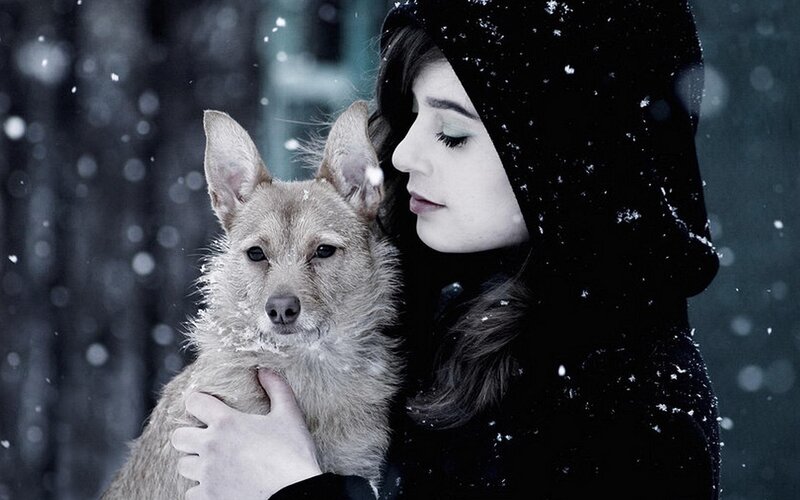 woman with dog in snow
