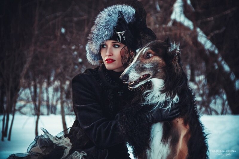 Woman with Dog in Winter — Black