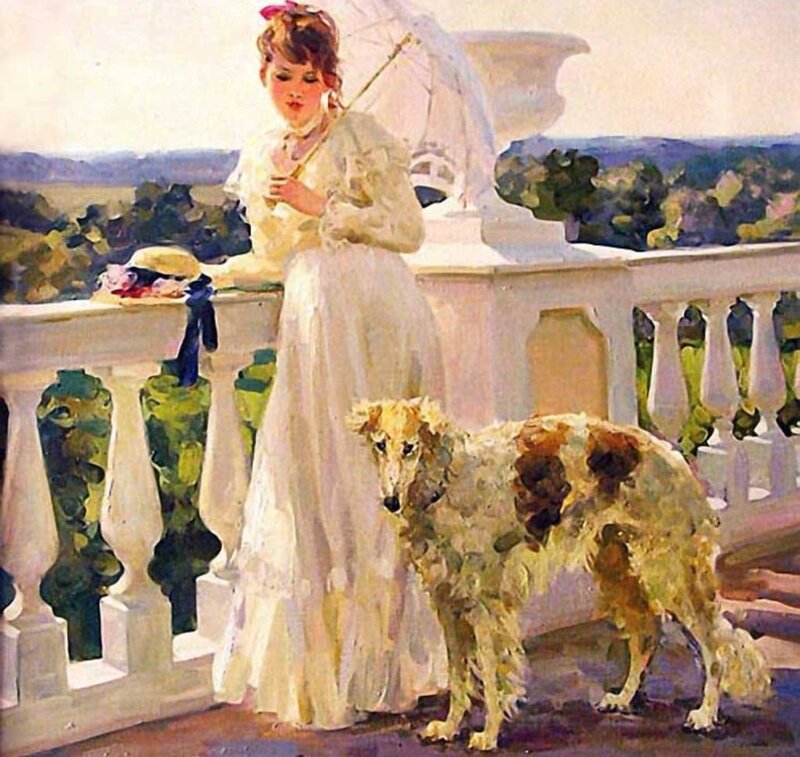 Woman with Dog on Balcony — White