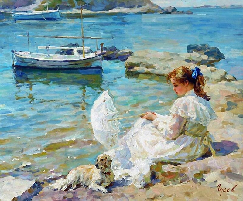 Woman with Dog on Beach — Blue, Serene