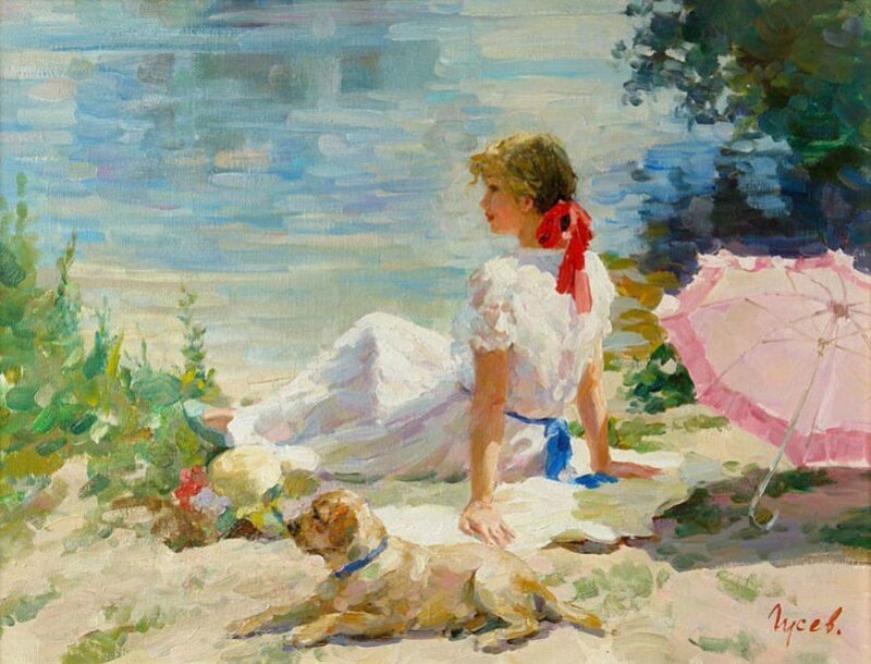 Woman with Dog on Beach — White